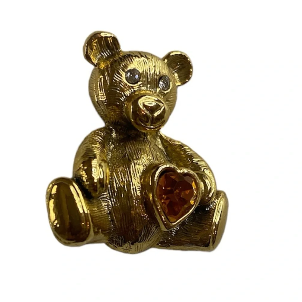 1928 Gold-Tone Teddy Bear Brooch with Amber Heart Crystal